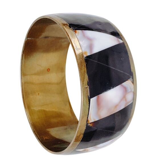 Vintage Brass Bangle Shell Inlay Black Resin Geometric Cuff 1960s 1970s - Picture 1 of 16